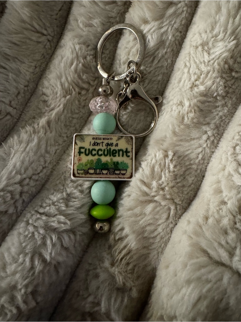 I Don't Give a Fucculent Beaded Keychain - Green/Light Teal